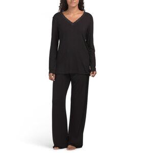 NATORI Black 2pc Feathers Essentials Long Sleeve Pajama Set